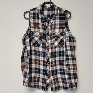 Glamorous Plaid Cold Shoulder Button Down top L